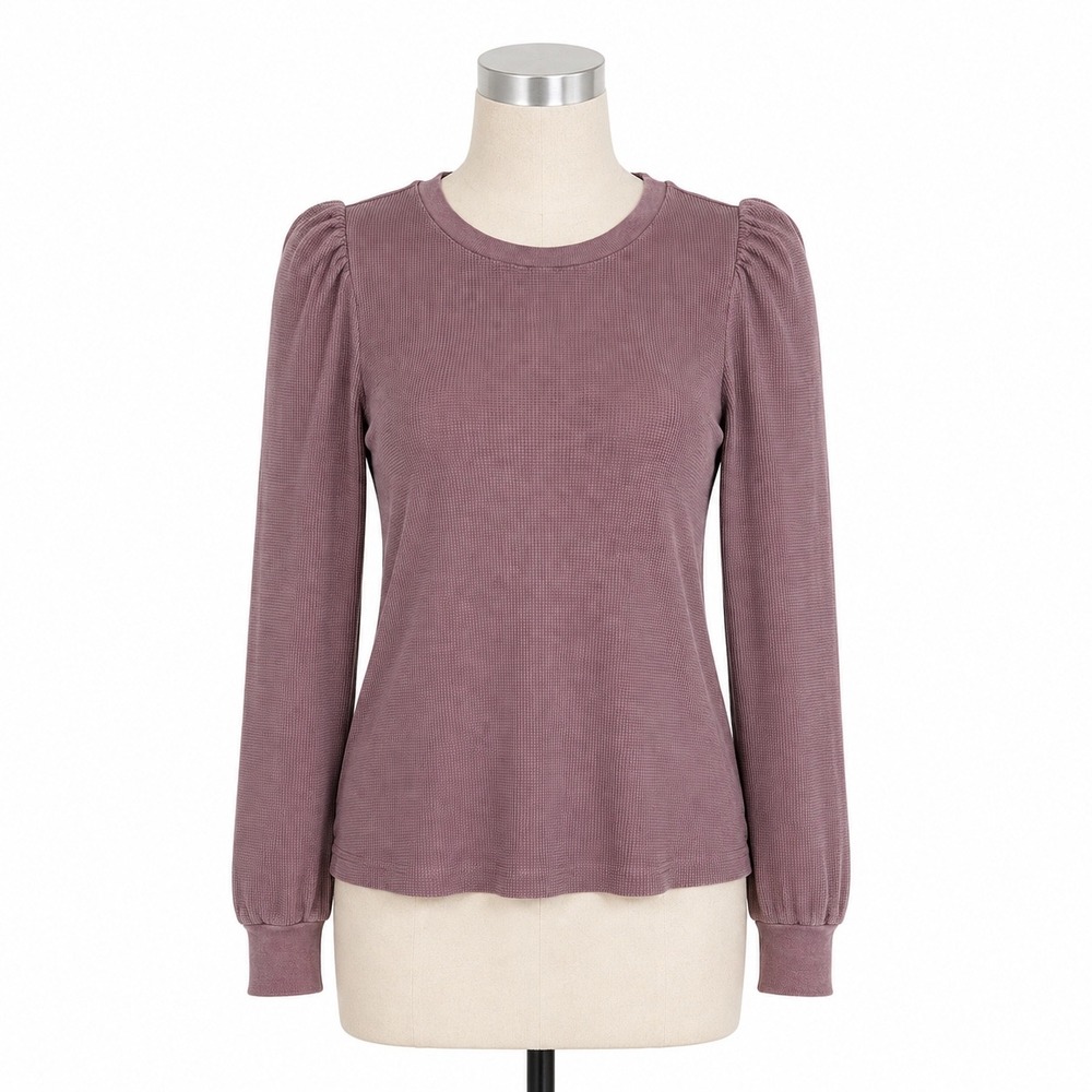 AMO Girly Thermal Puff Sleeve Waffle Knit Top Women's Small Mauve